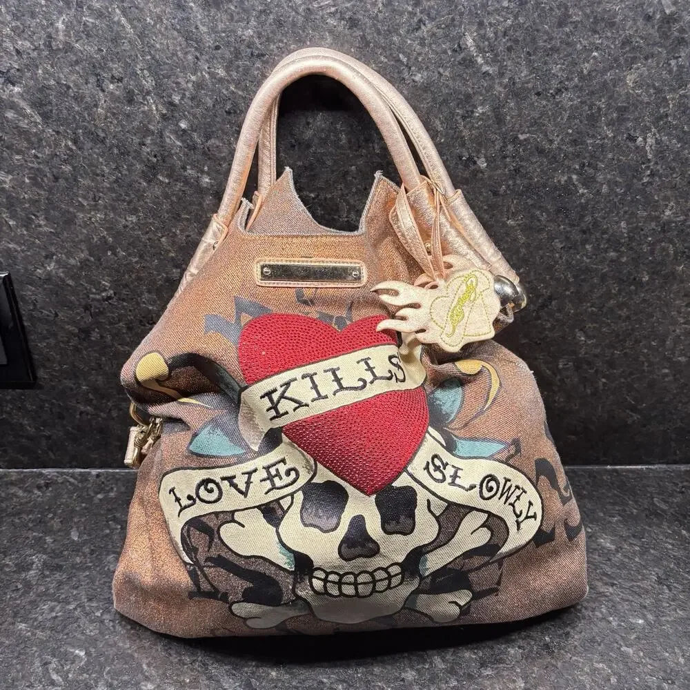 Vintage Y2K Ed Hardy Loves Kills Slowly Skull Roses Large Boho Purse Bag Bronze - Picture 3 of 9
